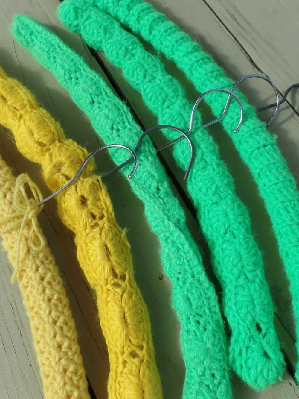 Vintage Hand Crocheted Hangers SET of 5 GREEN/YELLOW
